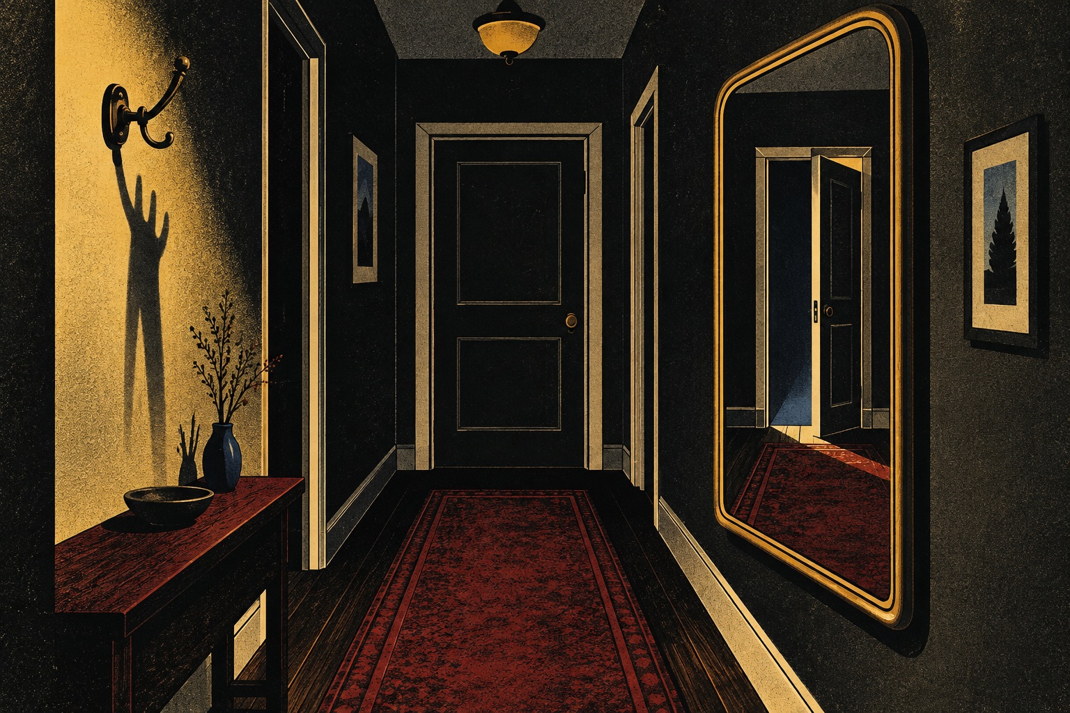 A dark hallway where a mirror reflects an open door that is closed in the room